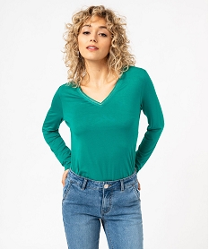 GEMO Tee-shirt à manches longues avec col V scintillant femme vert standard