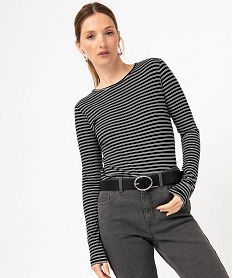 GEMO Tee-shirt court à manches longues rayé femme noir standard