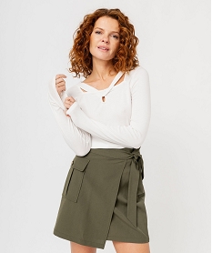 GEMO Tee-shirt à manches longues avec col fantaisie femme blanc chine