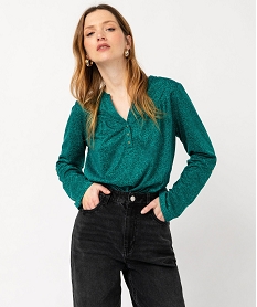 GEMO Tee-shirt à manches longues imprimé avec col boutonné femme Vert