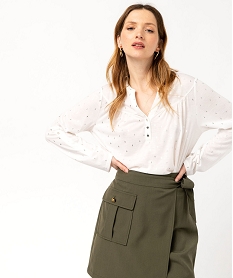 GEMO Tee-shirt à manches longues imprimé avec col boutonné femme Blanc