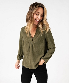 tee-shirt a manches longues et col v en maille ajouree femme vert t-shirts manches longuesE643401_4