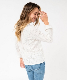 tee-shirt a manches longues et col v en maille ajouree femme blanc chine t-shirts manches longuesE643501_3
