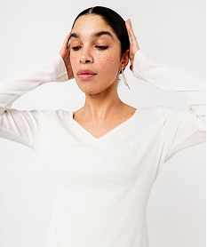 GEMO Tee-shirt à manches longues et col V en maille côtelée femme blanc chine