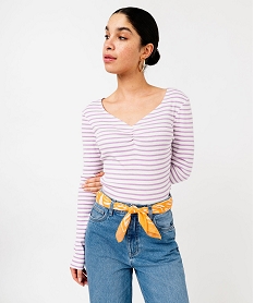 GEMO Tee-shirt rayé à manches longues et col V femme rayemagenta