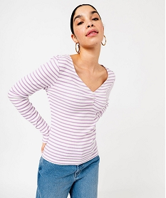 tee-shirt raye a manches longues et col v femme violetE644001_2