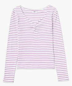 tee-shirt raye a manches longues et col v femme violetE644001_4