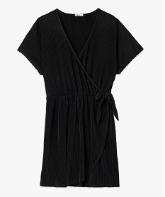 robe portefeuille a manches courtes en maille plissee femme noirE650201_4