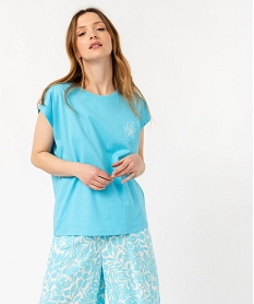GEMO Haut de pyjama à manches ultra courtes avec motif fleuri femme bleu standard