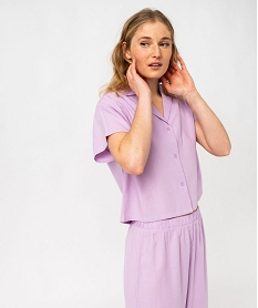 haut de pyjama forme chemise manches courtes en lin femme violet hauts de pyjamaE768401_1