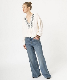 GEMO Blouse à manches longues avec col V brodé femme Beige