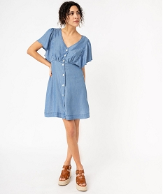 GEMO Robe à manches courtes et col V en Lyocell femme Bleu