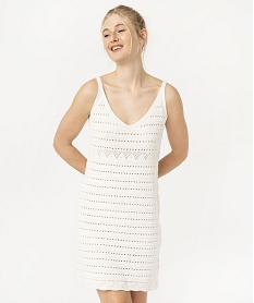 robe courte a bretelles en maille tricotee ajouree femme beige robesE882101_2