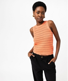 pull sans manches en maille ajouree femme orange pullsE886801_1