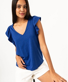 GEMO Tee-shirt manches courtes volantés à paillettes femme bleu standard