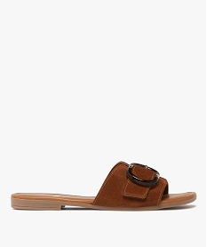 GEMO Mules femme à talon plat avec bride en cuir suédé à large boucle fantaisie Brun