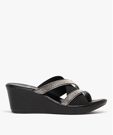 GEMO Mules femme à talon compensé avec large bride élastique et brides à strass noir standard