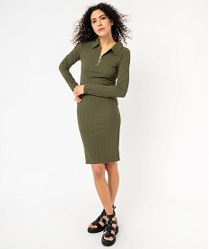 robe en maille cotelee a manches longues et col zippe femme vert robesE991601_1