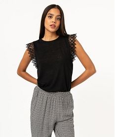 tee-shirt manches courtes dentelle en maille souple femme noir t-shirts manches courtesF004101_2