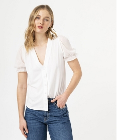 tee-shirt boutonne avec manches courtes en voile femme beigeF004901_2