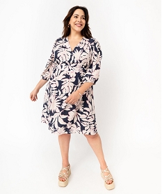 GEMO Robe fleurie à manches 34 femme grande taille Bleu