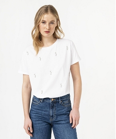 GEMO Tee-shirt à manches courtes avec strass femme Blanc