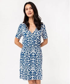 robe portefeuille a manches courtes en maille stretch imprimee femme bleuF022101_2