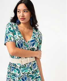 robe portefeuille a manches courtes en maille stretch imprimee femme vert robesF022201_2