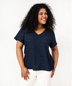 tee-shirt grande taille manches courtes en maille ajouree femme bleuF026101_1