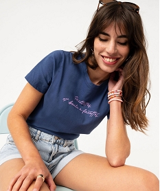 GEMO Tee-shirt manches courtes en coton à message femme Bleu