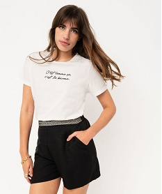 GEMO Tee-shirt manches courtes en coton à message femme Blanc