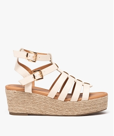 GEMO Sandales femme à talon compensé en corde avec multi-brides montantes beige standard