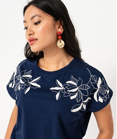 tee-shirt manches courtes a broderies fleuries femme bleuF041501_2