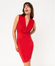 GEMO Robe en maille satinée avec décolleté drapé femme Rouge