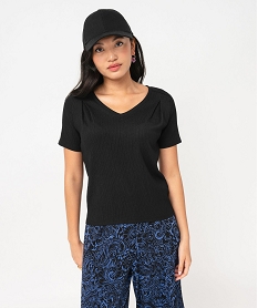 GEMO Tee-shirt manches courtes en maille texturée à col V femme Noir