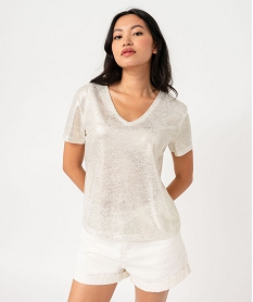 tee-shirt manches courtes col v a paillettes femme jauneF042901_1