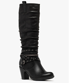 bottes femme a talon carre et tige plissee avec brides fantaisie noir standard bottes a talonF084201_2