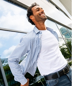 chemise rayee coupe slim en coton stretch homme bleu chemise manches longuesF114801_3