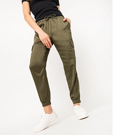 pantalon cargo en satin a taille elastiquee femme vert pantalonsF130501_1