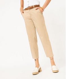 GEMO Pantalon en twill de coton avec ceinture tressée femme beige standard