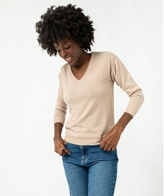 GEMO Pull à col V finitions roulottées femme beige chine