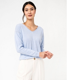 GEMO Pull à col V finitions roulottées femme bleu vif
