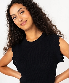 pull manches courtes en maille cotelee avec details ajoures femme noir pullsF144301_2