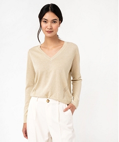 pull fin et paillete a col v avec boutons aux poignets femme jaune pullsF144801_1