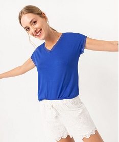 GEMO Tee-shirt à manches courtes et col V en dentelle coupe loose femme bleu standard