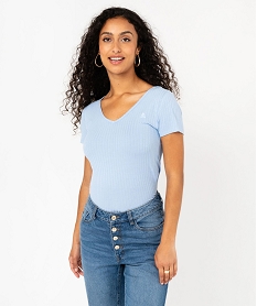 GEMO Tee-shirt manches courtes et col V en maille côtelée femme - LuluCastagnette bleu standard