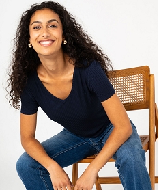 GEMO Tee-shirt manches courtes et col V en maille côtelée femme - LuluCastagnette navy