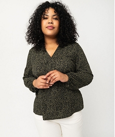 tee-shirt imprime a manches longues a col v femme grande taille vert t-shirts manches longuesF150601_1