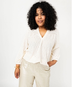 GEMO Blouse manches 34 en maille ajourée femme grande taille blanc chine