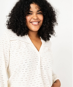 blouse manches 34 en maille ajouree femme grande taille blanc chine t-shirts manches longuesF150701_2